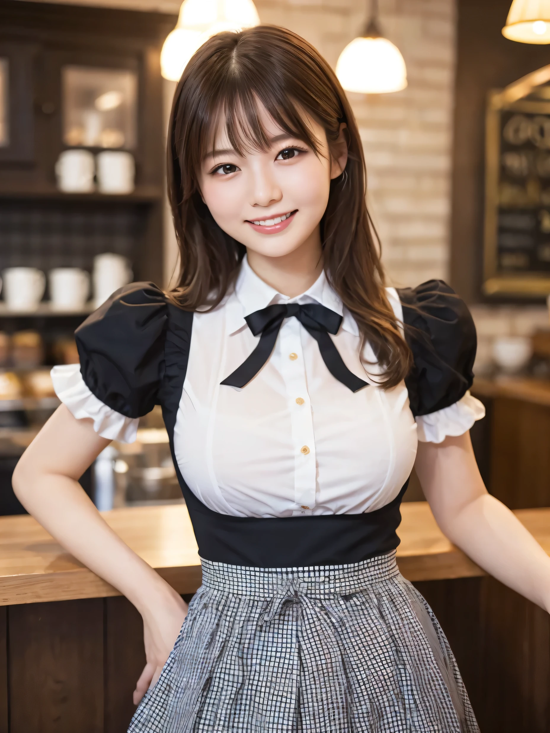 1 girl、(RAW Photos、Highest quality)、(Real、Photoreal:1.4)、Tabletop、Very delicate and beautiful、Very detailed、2k wallpaper、wonderful、Detailed、very detailedCG Unity 8K wallpaper、Super detailed、2、High resolution、(Gingham check waitress outfit)、Pleated skirt、Elegant skirt、Big Breasts、Frills、ribbon、Soft Light、Beautiful detailed girl、Puff sleeves、Cafe waitress、smile、Happy Face、Cafe