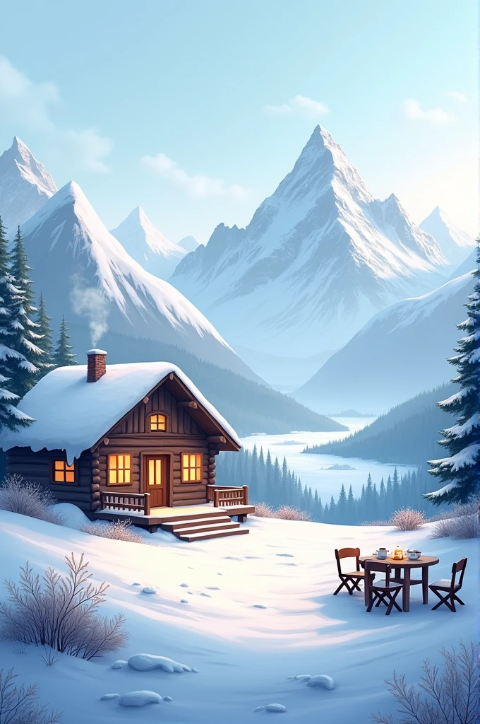 A beautiful nature background hills and snow house gallery with chair table tea photo