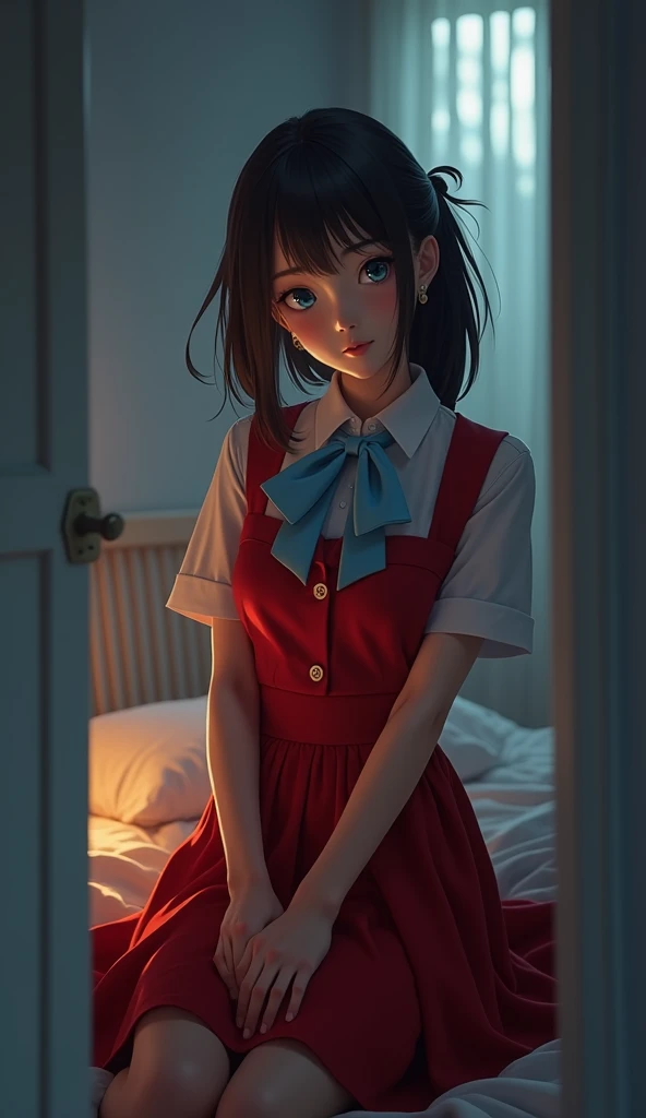 (32K:1.9, Realistic:1.9, Highest quality, masterpiece, Ultra-high resolution), Perfect dynamic composition:1.3, Highly detailed skin and facial textures:1.3, (Cute sexy slim Japanese schoolgirl, height: 155cm), ((Lying in bed, Eyes closed and waiting for a kiss:1.4)), Fair skin, ((Clarity:1.1)), (The woman is wearing a uniform with a light blue bow tie., Ponytailed black hair:1.3, smile:0.9, A man completely charms a woman:0.9, beautiful Blue Eyes, beautiful, Clear Eyes:0.8), Sexy Face:0.4, blush:1.1, ((beautifulエロティシズムを醸し出す雰囲気:1.0, Professional random camera work:1.0, Cinematic Lighting Effects:1.0, romantic:1.0, artistic:1.0, mysterious:1.0)), Too erotic, Object of admiration, original, dramatic, Innovative, charm, Heartful, Fancy, Tilt, sense of loss, special, exciting, Extreme, sense of openness, joy, joyの表現, ((若さのcharm, 女性的なcharm))
