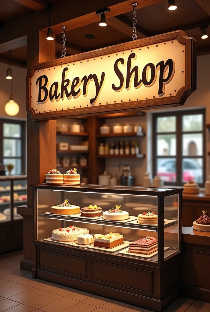 "Create a detailed image of a cozy bakery shop interior with a large sign that reads " Bakery shop ". Include a display case featuring a variety of cakes, including a decorated photo cake with a custom image on it. The setting should be inviting, with warm lighting and a charming, rustic design."