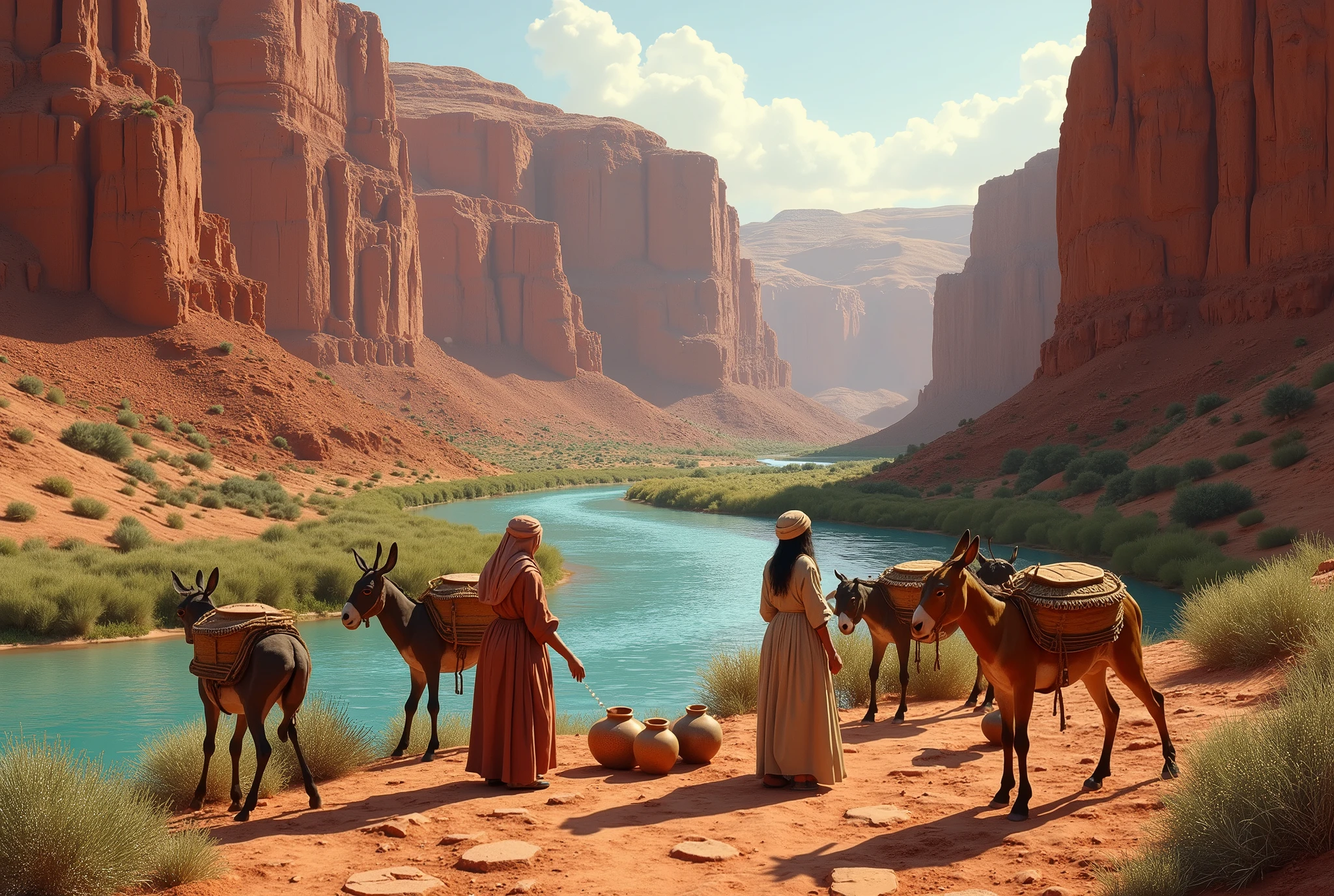 Une image d'une rivière coulant dans une vallée aux roches rouges, comme celles d'Australie. Une image réaliste et plus précise de la vallée, comme un tableau de l'artiste Léonard de Vinci, résolution 4K, femmes bédouines au milieu. vallée, les jambes presque nues, remplissant des bocaux. Il y a des ânes avec des bocaux dessus. La scène est proche du fond de la rivière.