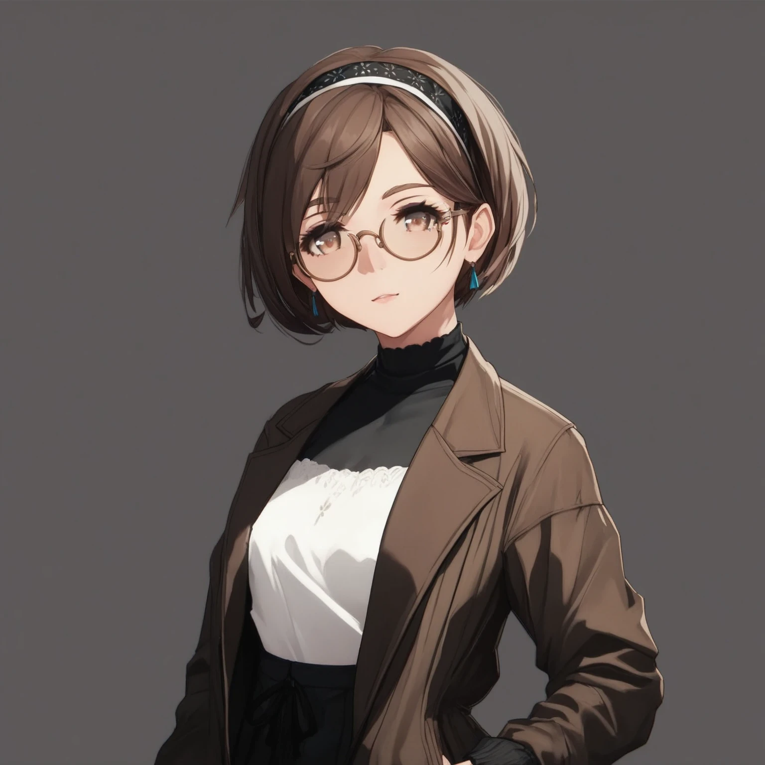 masterpiece, best quality, good quality, Highly detailed, shadowverse style, female, , eye glasses, brown hair, short hair, brown eyes