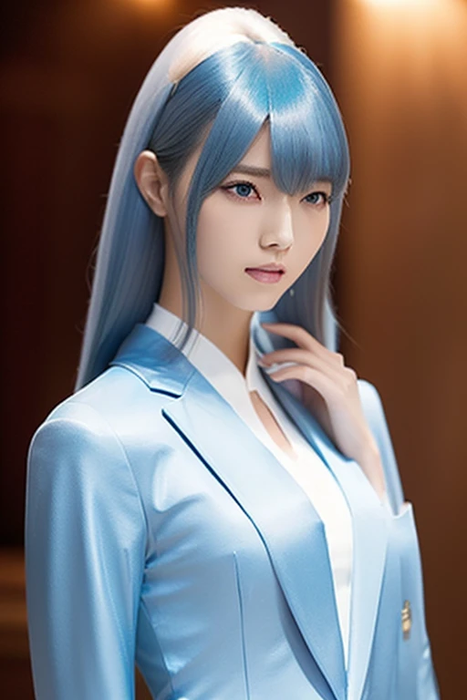 Long, slender legs, Woman with sky blue hair posing, Tight light blue suit, Dress neatly, Elegant legs, Wear white high heels,girl, Very beautiful, long and slender legs, Close-up portrait of a woman in a blue suit and red cape, Capcom, As a Tekken character, fighting game character,King of Fighters character,