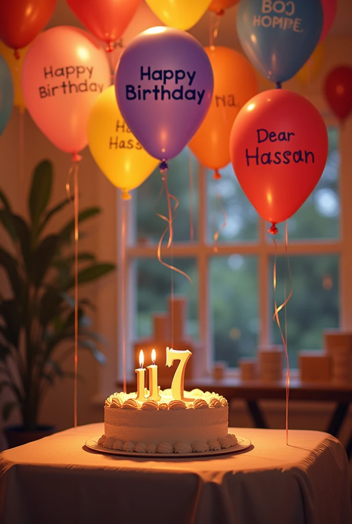 a birthday party where Happy birthday dear Hassan written on balloons. these balloons are hanging on the wall.A beautiful cake laying on a table letters 'i7' written on it.