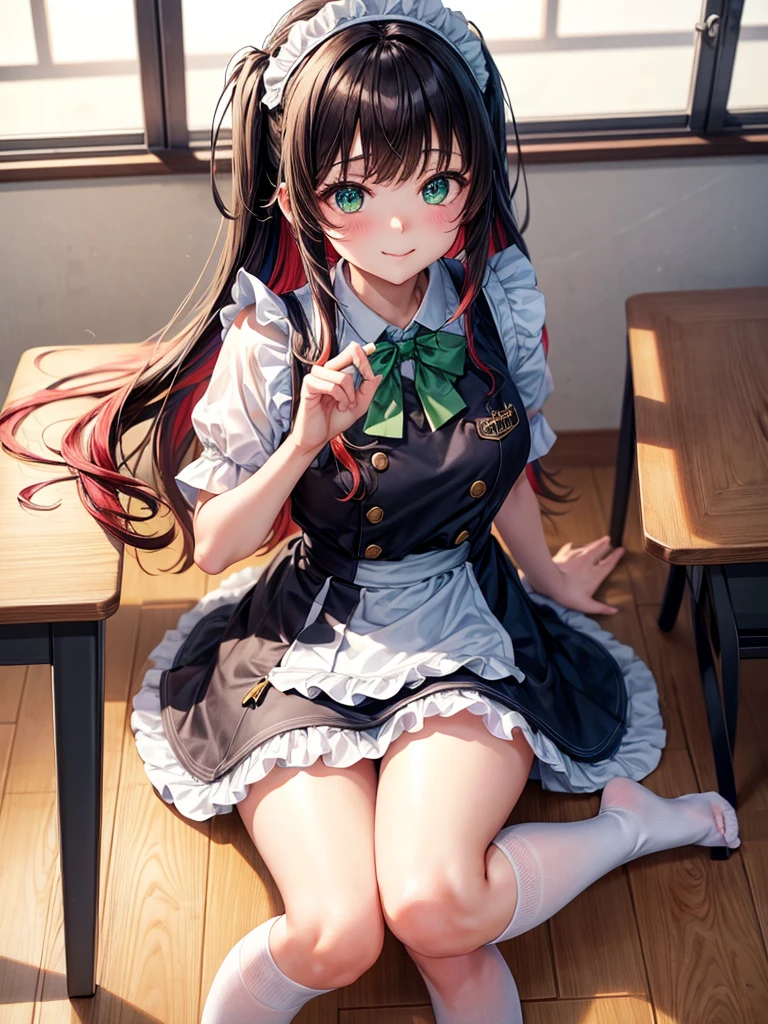 middle School girls，smile，Best Quality，高次元美Girl，多次元美Girl，Several girls are depicted，Maid clothes，cuteMaid clothes，8k，Highest quality，Long Hair，cute，fluffy，Angel，新しいMaid clothes，Latest Fashion，Long Hair，Green Eyes，Beautiful feet，美Girlの最上位，School，classroom，perfection，masterpiece，Have sparkling eyes，tights，Horny girl，Naughty Girls，美しいcute女の子，Horny girl，美しい美Girl，Multicolored hair colors，Latest Fashion，Girl，