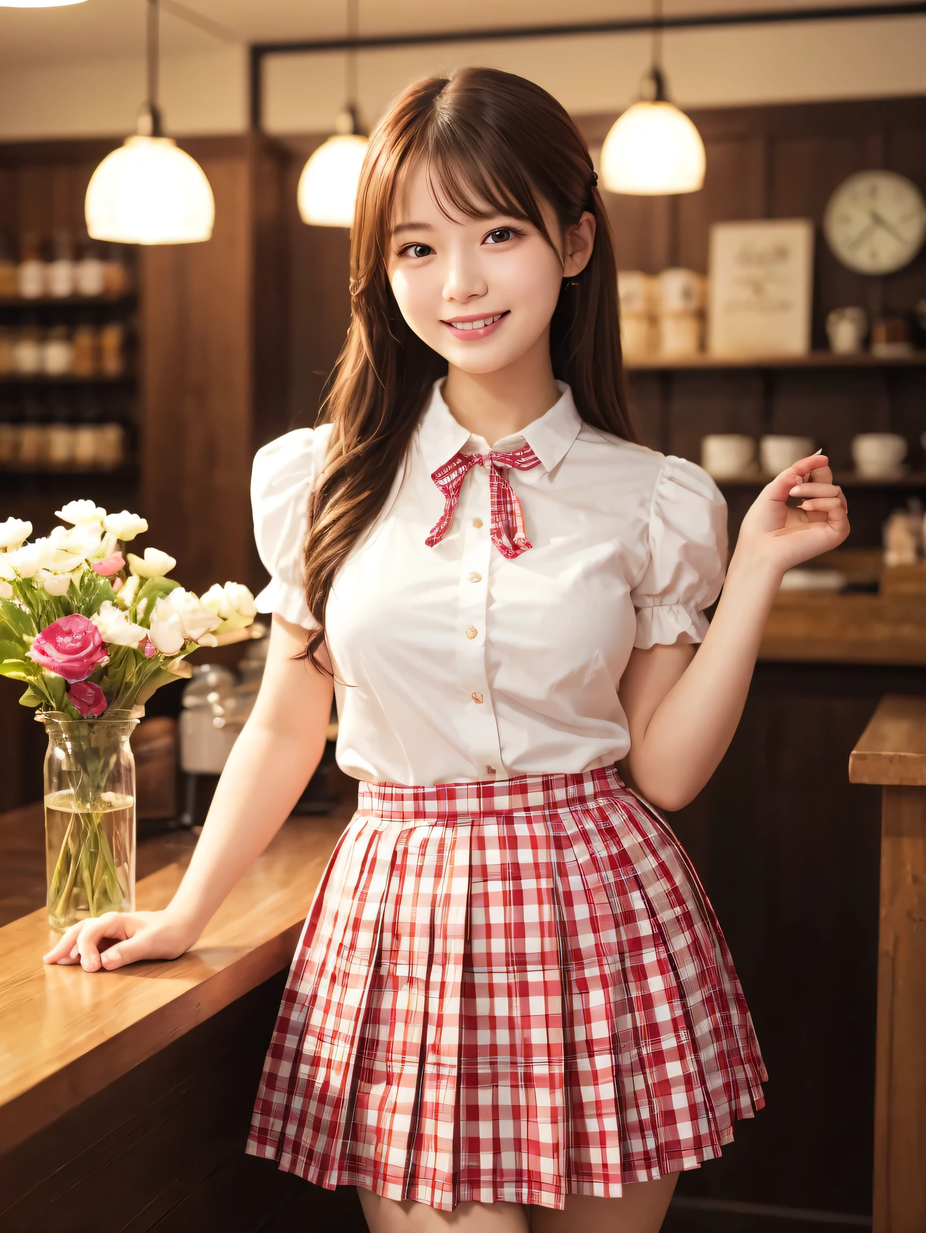 1 girl、(RAW Photos、Highest quality)、(Real、Photoreal:1.4)、Tabletop、Very delicate and beautiful、Very detailed、2k wallpaper、wonderful、Detailed、very detailedCG Unity 8K wallpaper、Super detailed、2、High resolution、(Red gingham check waitress outfit)、Pleated skirt、Elegant skirt、Big Breasts、Frills、ribbon、Soft Light、Beautiful detailed girl、Puff sleeves、Cafe waitress、smile、Happy Face、Cafe