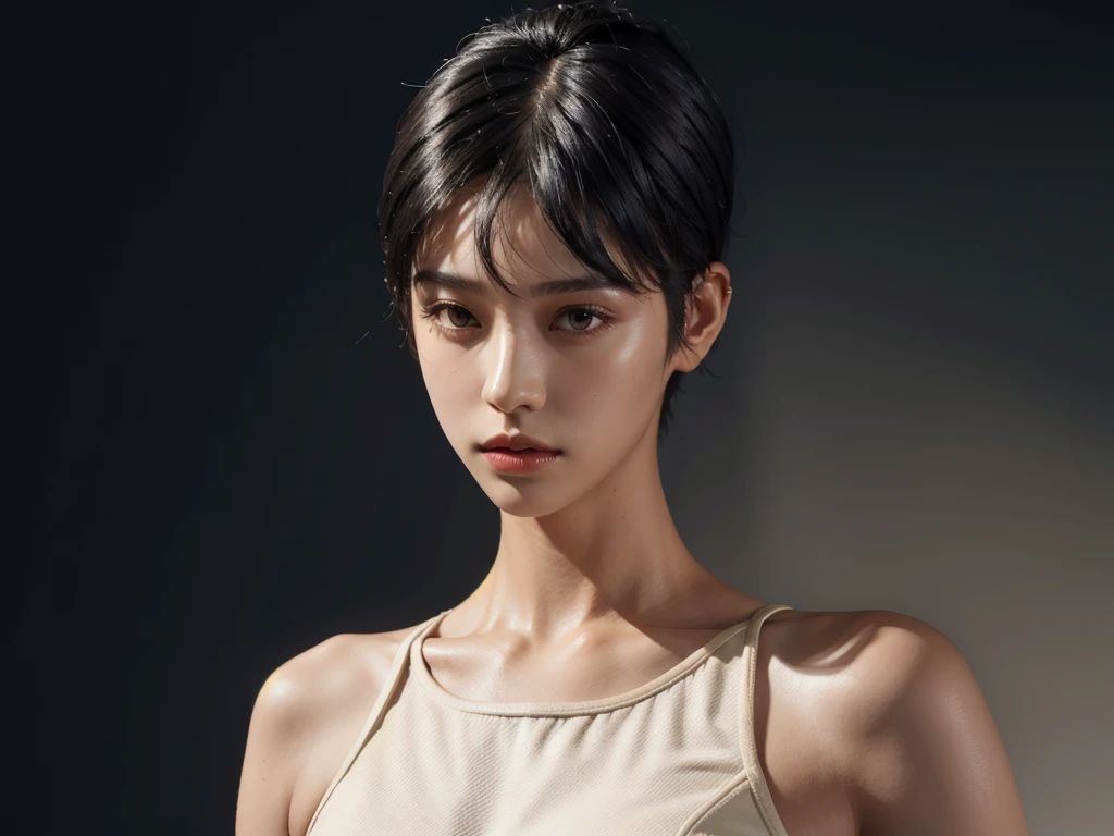 a 30 yo woman,(hi-top fade:1.3),long hair,dark theme, soothing tones, muted colors, high contrast, (natural skin texture, hyperrealism, soft light, sharp),