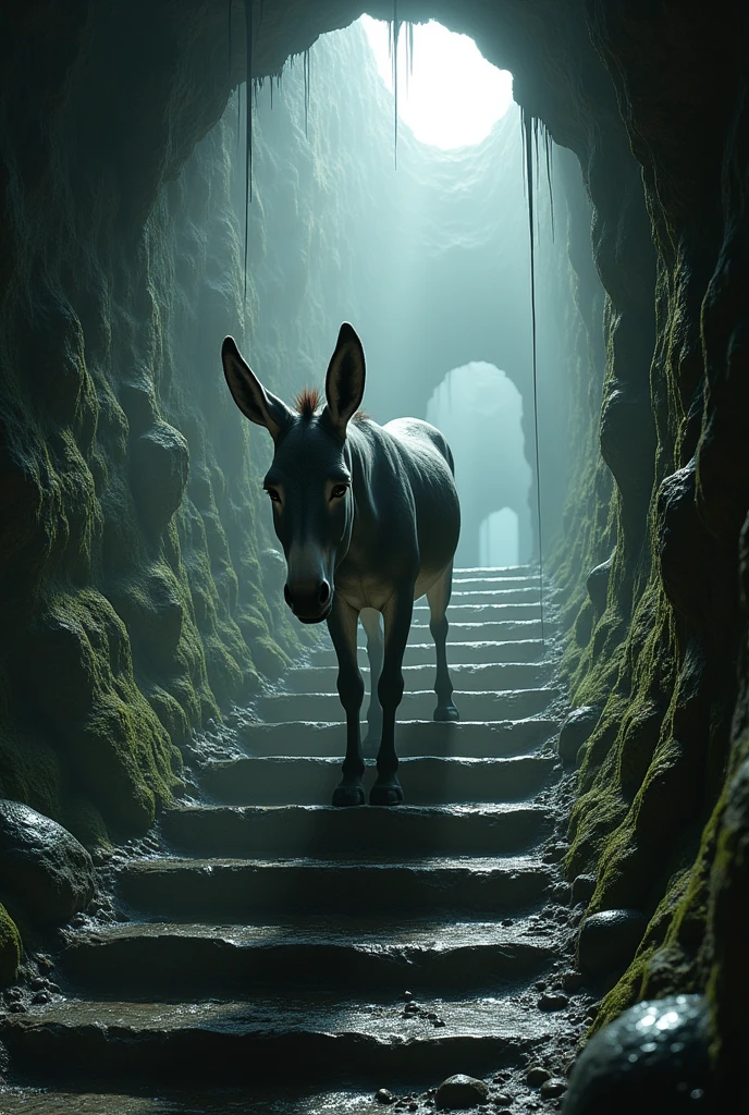 A donkey walking on steps inside a well