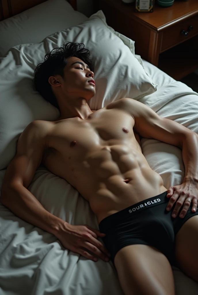 Norawit Titicharoenrak, star actor, 20-year-old, he is deeply sleeping, handsome , six packs, seeing his full body with sexy underwear, sleeping on the floor