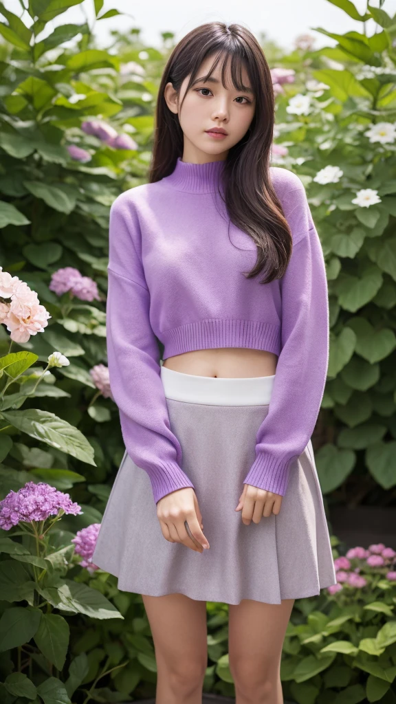 (masterpiece, Highest quality, High resolution), I grew four flowers. (oshi no ko), Sian Carcadigan, sweater, thin_purple_shirt,mini skirt, Are standing, Open clothes, alone,