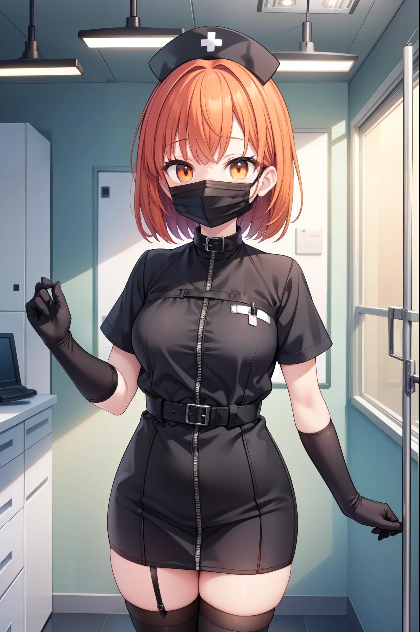 black nurse, 1girl, solo, black nurse cap, black nurse uniform, ((black legwear, zettai ryouiki)), black elbow gloves, very short hair, orange hair, ((black surgical mask, covered nose)), standing, ((surgery room)), sharp outline, short sleeves, tomboy, boyish, best quality, masterpiece