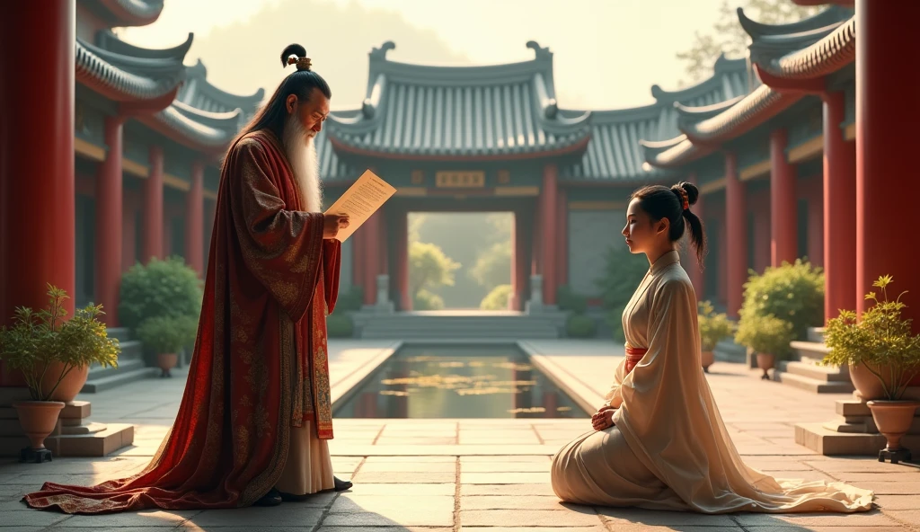 An ancient chinese official reading decree to a young woman who kneeled down infront of him at open traditional chinese courtyard.