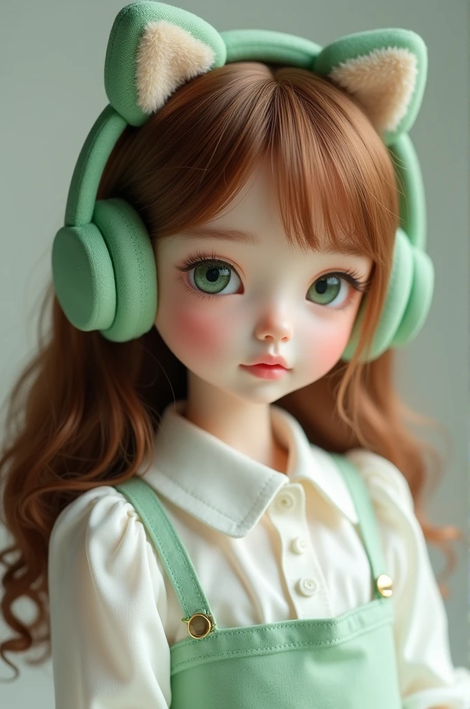  doll shape,Caucasian skin,greeneyes, chestnut hair,white blouse,green kitty headphones