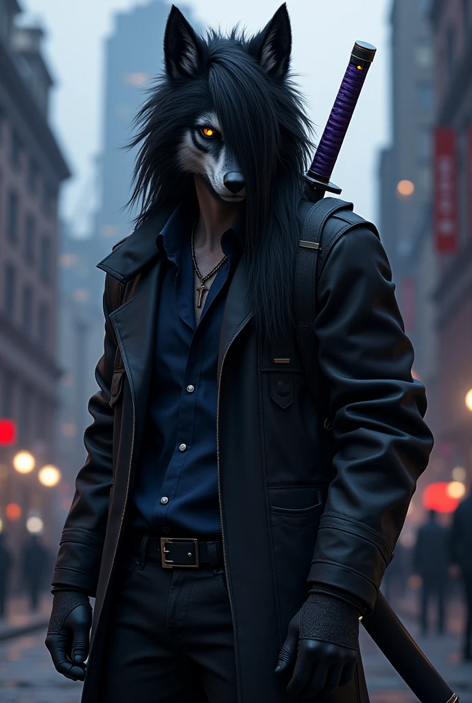 A Sonic-style wolf with long, short black hair covering the left side of his eye a little and with a slightly large ponytail., with big yellow eyes,glare eyes, with black cold weather blouse with dark blue shirt, black pants and black men&#39;s boots, with black gloves, and with a purple sheathed Katana on his back, With the background of an urban city, dusk.