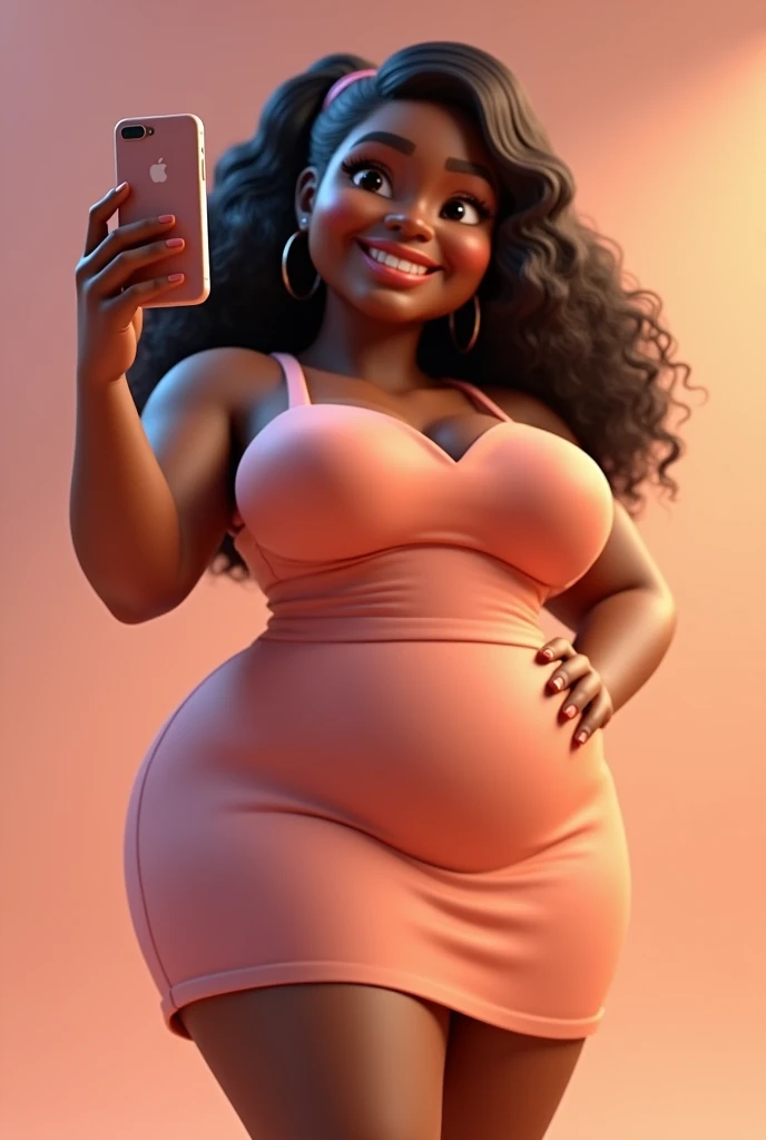 Mary, 30years, brunette skin, chubby, voluminous breasts, black curly hair tied behind the head, doing selfie ,wearing dress, pixar 3d illustration