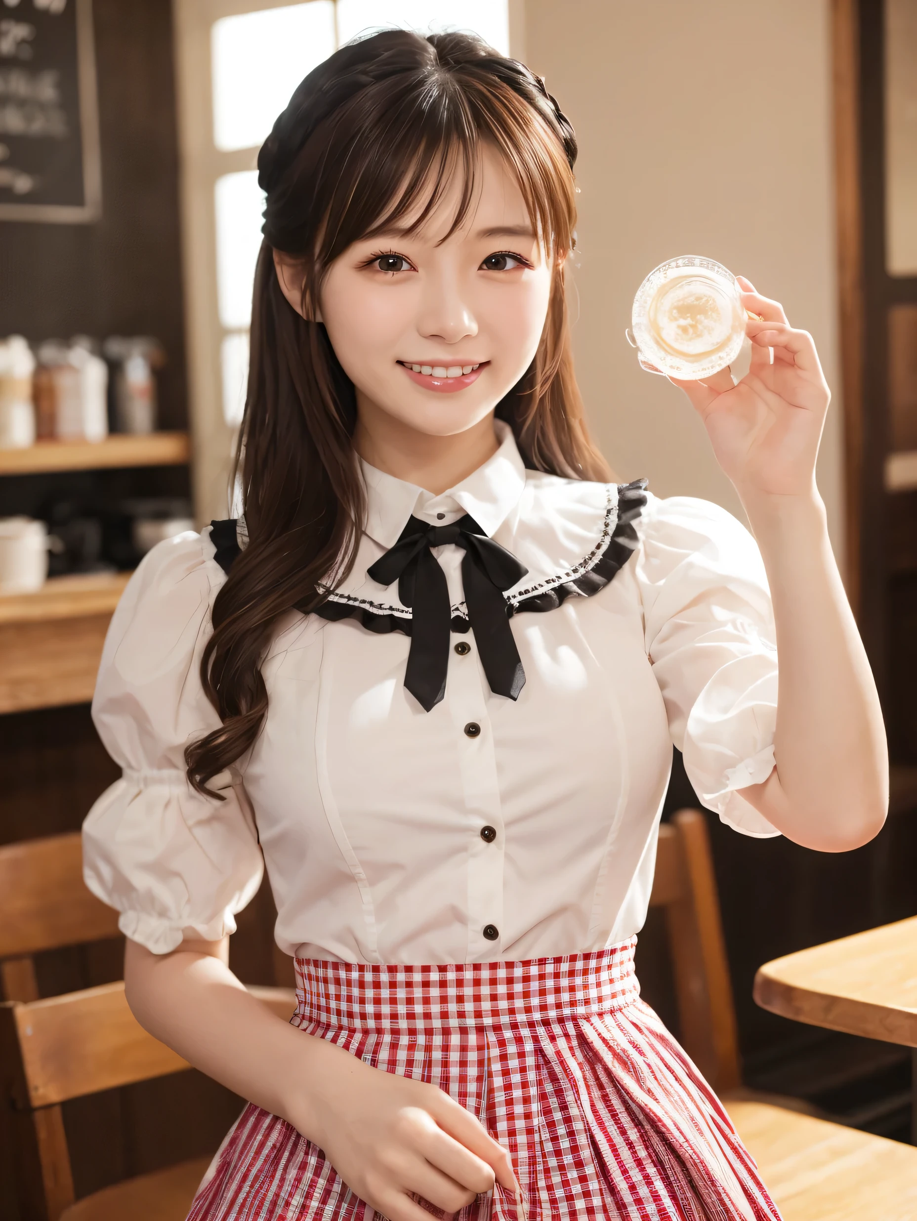1 girl、(RAW Photos、Highest quality)、(Real、Photoreal:1.4)、Tabletop、Very delicate and beautiful、Very detailed、2k wallpaper、wonderful、Detailed、very detailedCG Unity 8K wallpaper、Super detailed、2、High resolution、(Red gingham check waitress outfit)、Pleated skirt、Elegant skirt、Big Breasts、Frills、ribbon、Soft Light、Beautiful detailed girl、Puff sleeves、Cafe waitress、smile、Happy Face、Cafe