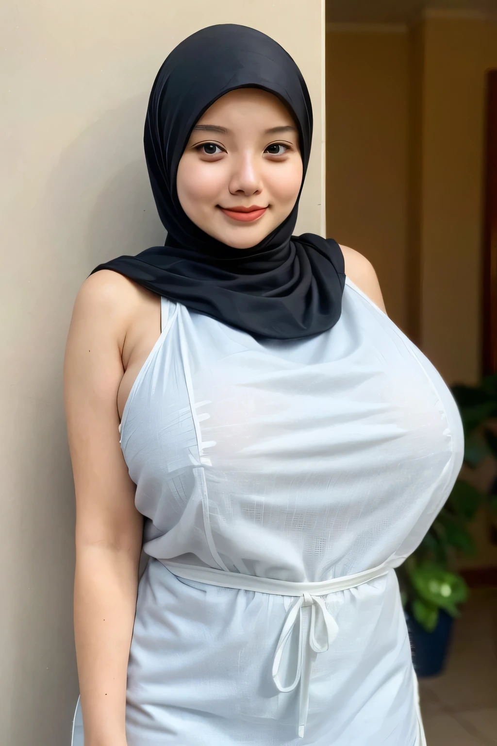 adorable, 1 girl, (face to face), , , happy, medium portrait, (face details: 1), (eye details:1), ((naked big breasts)). wearing transparent transparency mini apron, .. Cute posed. proportional body. Ultra High Res. realistic: 1.4, UHD, poke ((HIJAB STYLISH style)) , lace (Gigantic:1.999)