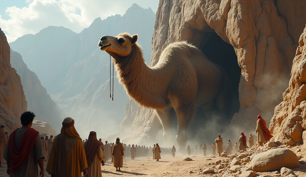 A picture of a mountain rock cracking and a huge camel emerging from it, with emphasis on the expressions of astonishment and amazement on the faces of the people 