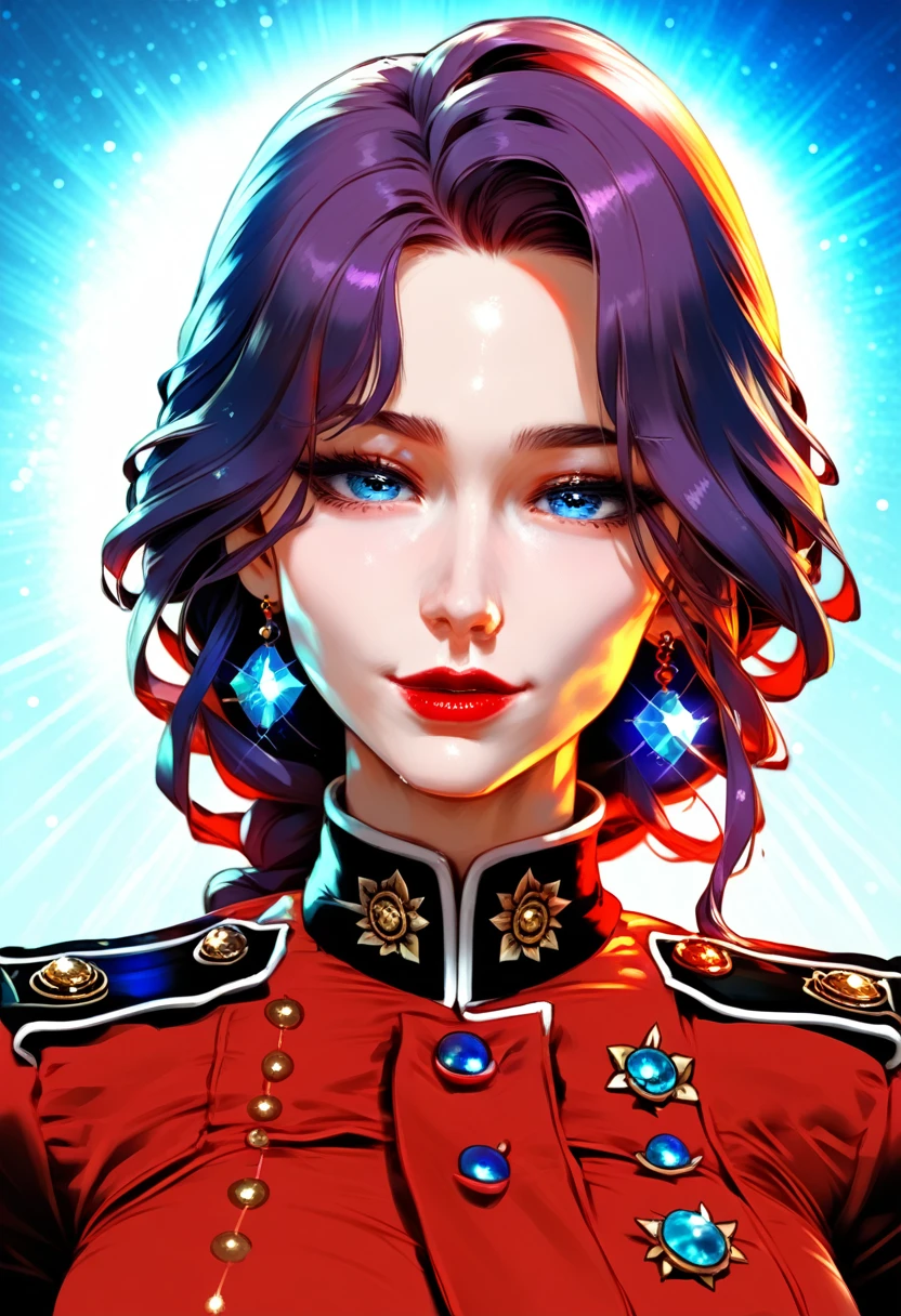 red uniform, pink military uniform, purple hair ,blue eyes, lipstick, long hair, 1 girl, 20yo,Young female, Beautiful Finger, Beautiful long legs, Beautiful body, Beautiful Nose, Beautiful character design, perfect eyes, perfect face, expressive eyes, looking at viewer, in the center of the image,(light_smile:0.5), official art, extremely detailed CG unity 8k wallpaper, perfect lighting, Colorful, Bright Front face lighting, shiny skin, (masterpiece:1.0),(best_quality:1.0), ultra high res,4K,ultra-detailed, photography, 8K, HDR, high res, absurdres:1.2, Kodak portray 400, film grain, blurry background, bokeh:1.2, lens flare, (vibrant_color:1.2) (Beautiful,large_Breasts:1.0), (beautiful_face:1.5),(narrow waist) BLOOD ELVES