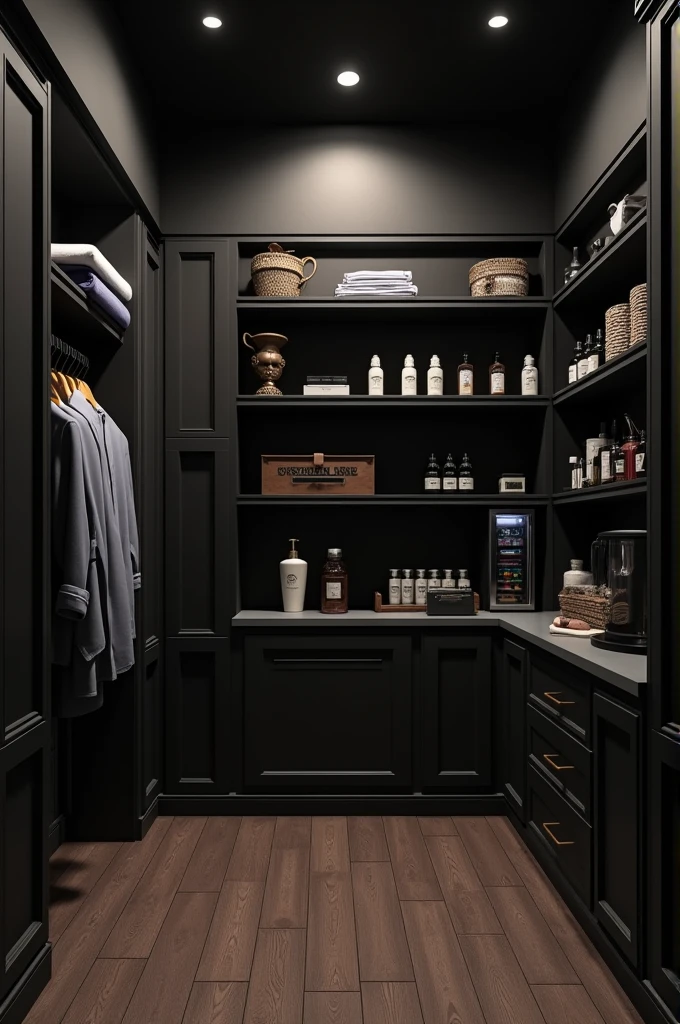 A room 4*3 meters, for a barber shop...black color, where there are clothes, a refrigerator and shelves for products 