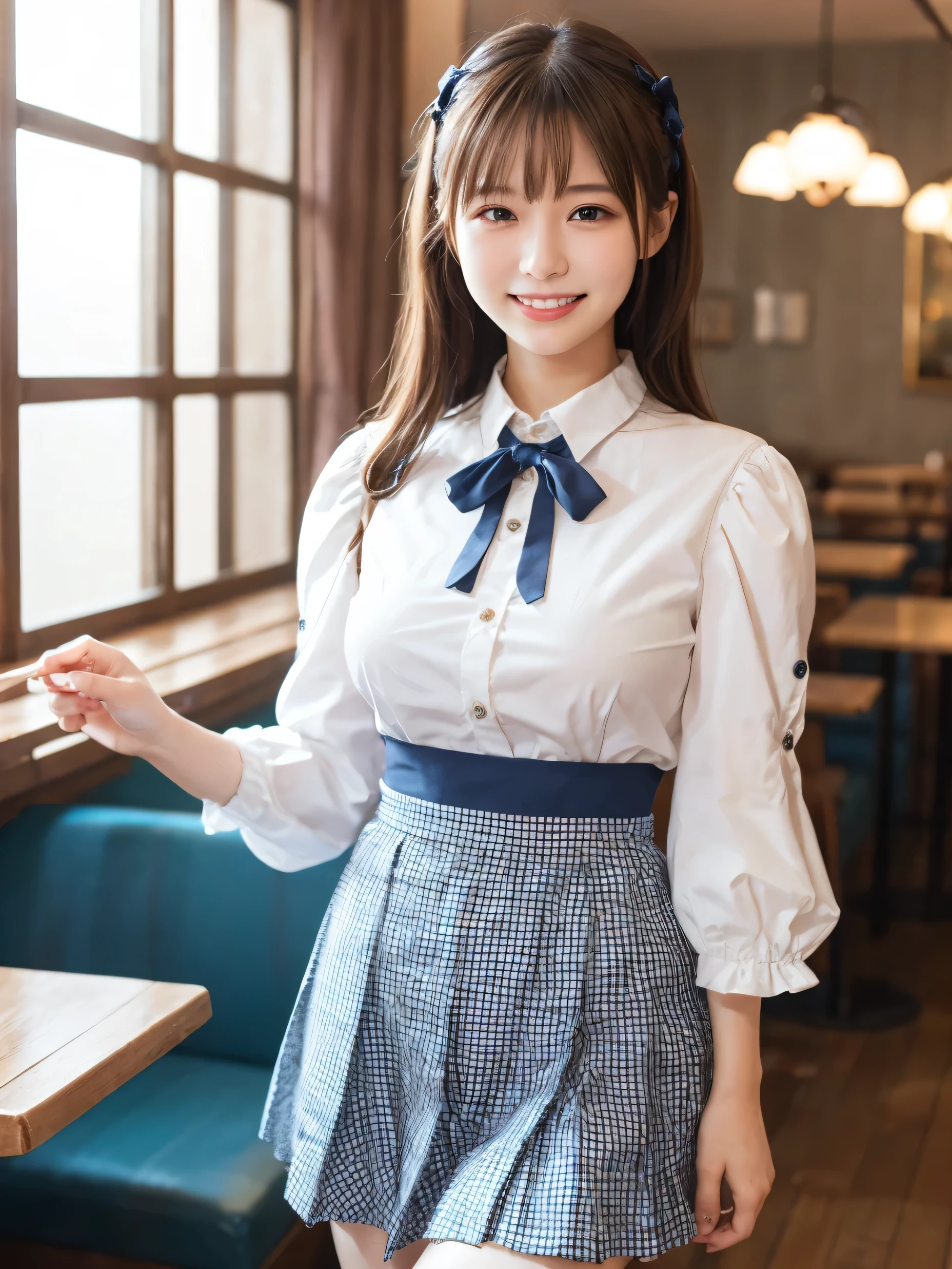 1 girl、(RAW Photos、Highest quality)、(Real、Photoreal:1.4)、Tabletop、Very delicate and beautiful、Very detailed、2k wallpaper、wonderful、Detailed、very detailedCG Unity 8K wallpaper、Super detailed、2、High resolution、(Blue gingham check waitress outfit)、Pleated skirt、Elegant skirt、Big Breasts、Frills、ribbon、Soft Light、Beautiful detailed girl、Puff sleeves、Cafe waitress、smile、Happy Face、Cafe