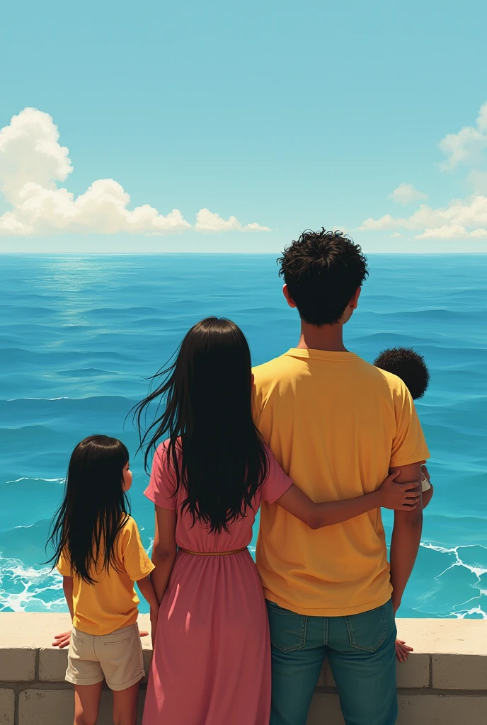 Une famille de 4 personne regardant la mer à la plage
un homme bronzer cheveux noir court un peut boucler
un bébé fille blanche ,
une fille bronzer cheveux long boucler noir et une femme blanche cheveux mi long lisse marron