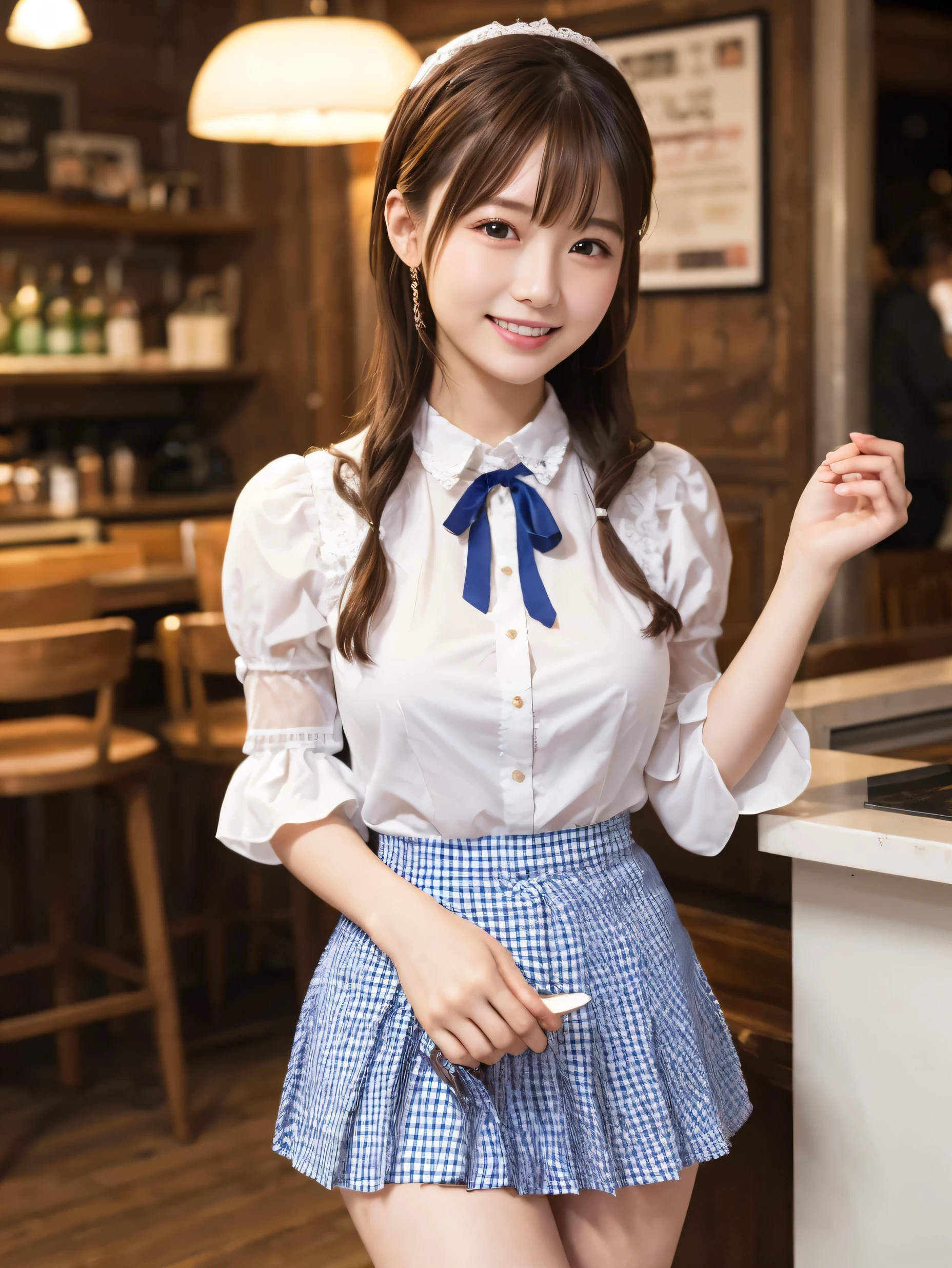 1 girl、(RAW Photos、Highest quality)、(Real、Photoreal:1.4)、Tabletop、Very delicate and beautiful、Very detailed、2k wallpaper、wonderful、Detailed、very detailedCG Unity 8K wallpaper、Super detailed、2、High resolution、(Blue gingham check waitress outfit)、Pleated skirt、Elegant skirt、Big Breasts、Frills、ribbon、Soft Light、Beautiful detailed girl、Puff sleeves、Cafe waitress、smile、Happy Face、Cafe