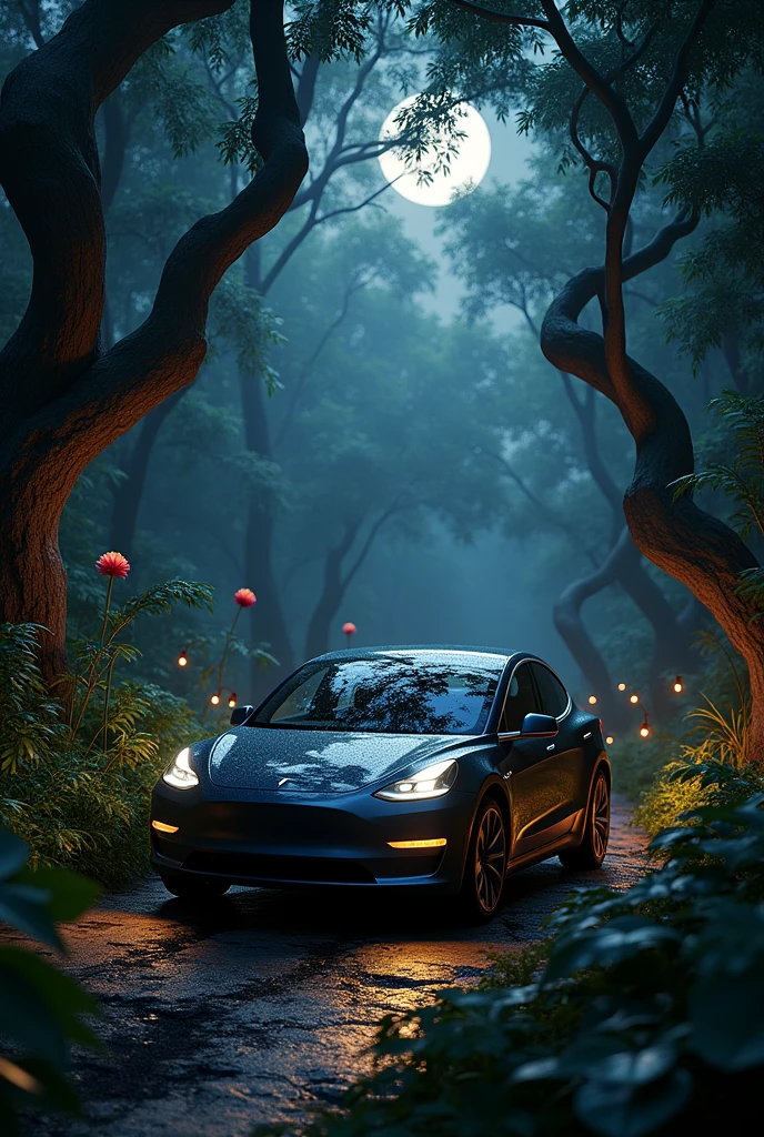 Tesla car in jungle a night