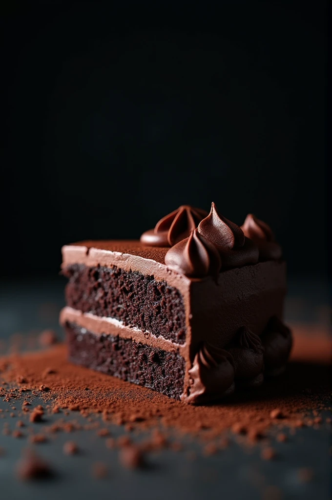 cinematic film still chocolate, chocolate cake, dark background, quality photo, moist texture, frosting, studio photo, slice . shallow depth of field, vignette, highly detailed, high budget, bokeh, cinemascope, moody, epic, gorgeous, film grain, grainy
