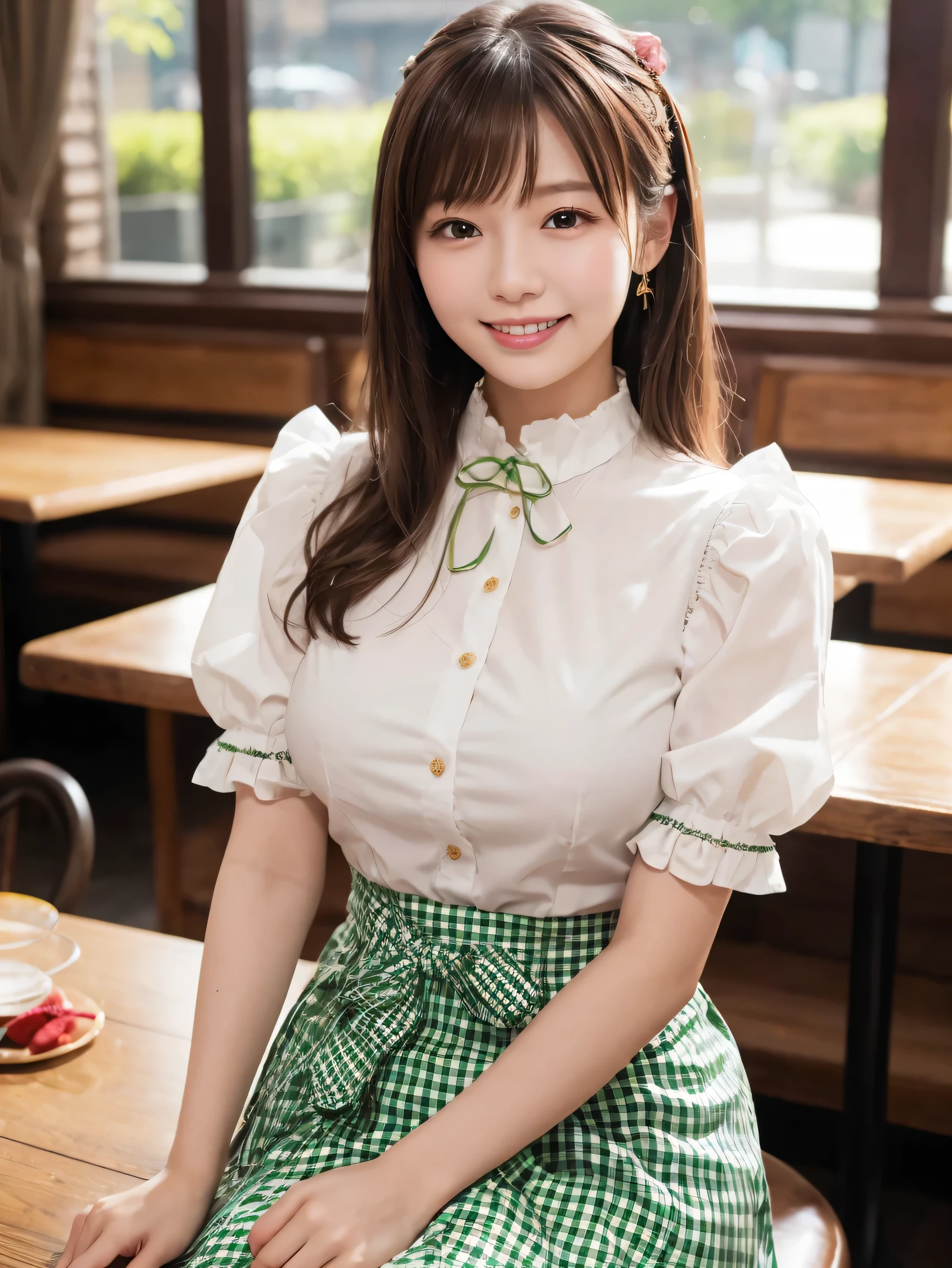 1 girl、(RAW Photos、Highest quality)、(Real、Photoreal:1.4)、Tabletop、Very delicate and beautiful、Very detailed、2k wallpaper、wonderful、Detailed、very detailedCG Unity 8K wallpaper、Super detailed、2、High resolution、(Green gingham waitress outfit)、Pleated skirt、Elegant skirt、Big Breasts、Frills、ribbon、Soft Light、Beautiful detailed girl、Puff sleeves、Cafe waitress、smile、Happy Face、Cafe