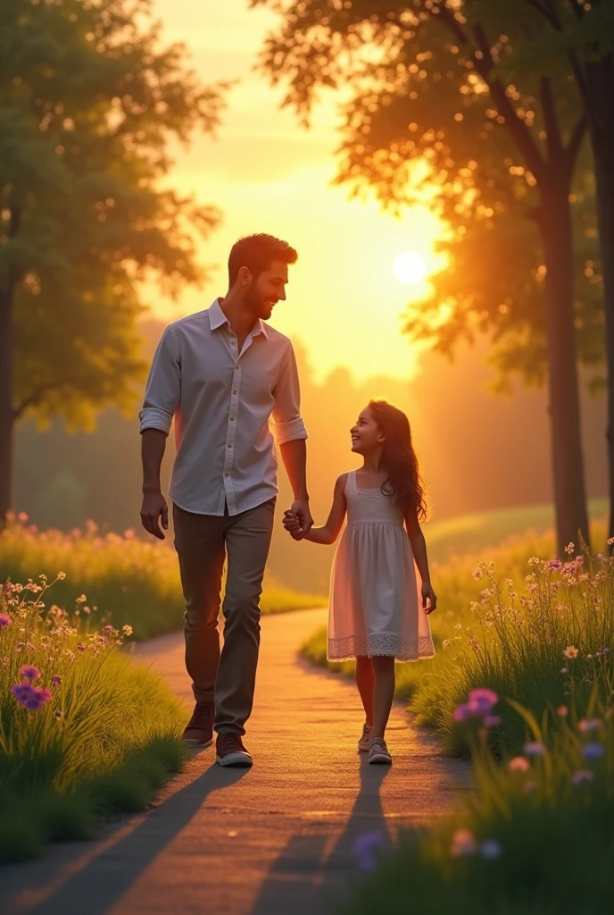 A father and his daughter walking in a park at a sunset