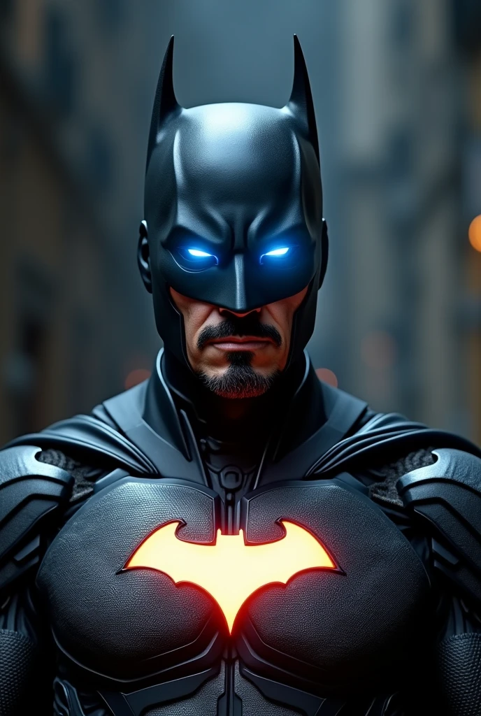 Robert Downey Jr in batman suit and light on chest like Ironman suit. Remove mask. Eyes blue light. 