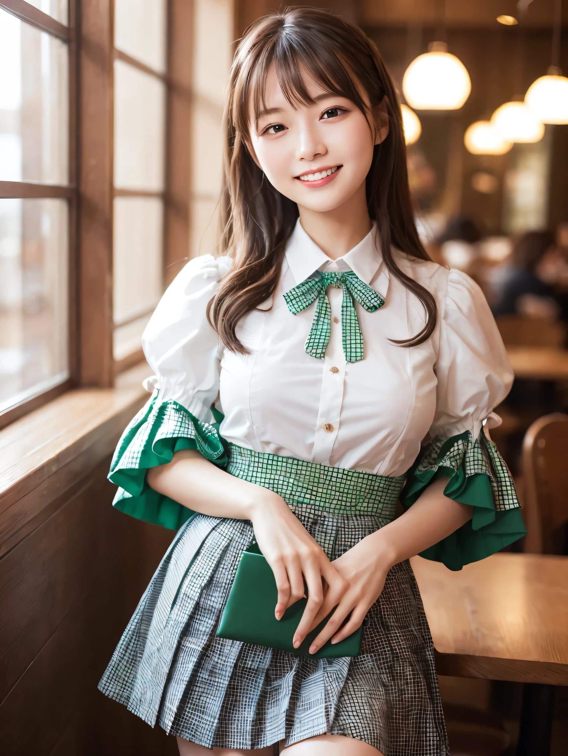 1 girl、(RAW Photos、Highest quality)、(Real、Photoreal:1.4)、Tabletop、Very delicate and beautiful、Very detailed、2k wallpaper、wonderful、Detailed、very detailedCG Unity 8K wallpaper、Super detailed、2、High resolution、(Green gingham waitress outfit)、Pleated skirt、Elegant skirt、Big Breasts、Frills、ribbon、Soft Light、Beautiful detailed girl、Puff sleeves、Cafe waitress、smile、Happy Face、Cafe