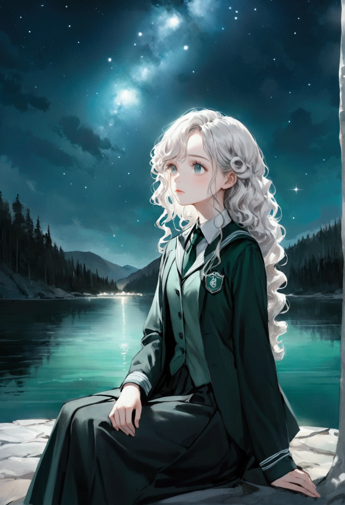 (Realistic) Beautiful long white curly haired girl, wearing a slytherin uniform, sitting next to Tom Riddle at the black lake, gazing up at the stars