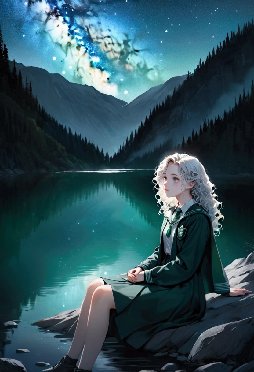 (Realistic) Beautiful long white curly haired girl, wearing a slytherin uniform, sitting next to Tom Riddle at the black lake, gazing up at the stars