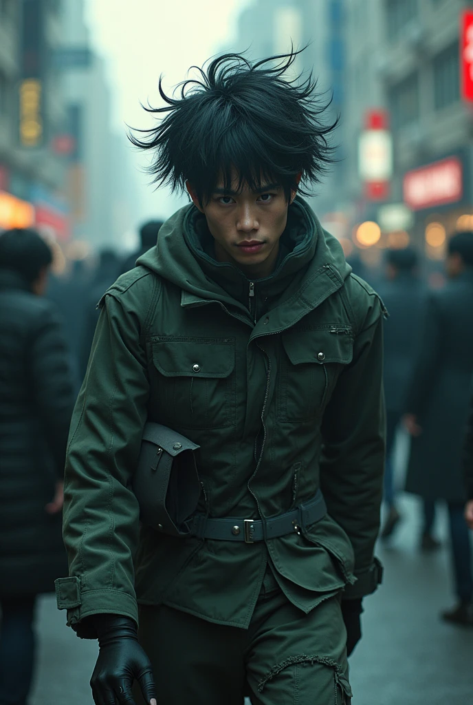 Rain, fragments splash Snowflakes, particles blender Cinematic Composition A realistic photoshoot of an asian male model cosplaying evangelion suit classic, hair style conceptual Tim burton messy wind akira toriyama as from RAW photography tmasterpiece Anthropomorphic humanoid akira kaneda's jacket rage facing red red gold Torn costume wearing Street attire, Walk wildly through the crowd, intricately details, Intricate work by Gribors, Behind the city, fit-muscled body, Large muscles, Muscular arms, Small head, Scary ogres, Titan soft lighting, Ultra photo realsisim, gentle illumination, sinister environment filmed by Zack Synder variant angles dynamic