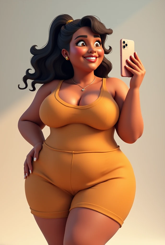 Mary, 30years, brunette skin, chubby, voluminous breasts, black curly hair tied behind the head, doing selfie ,wearing dress, pixar 3d illustration