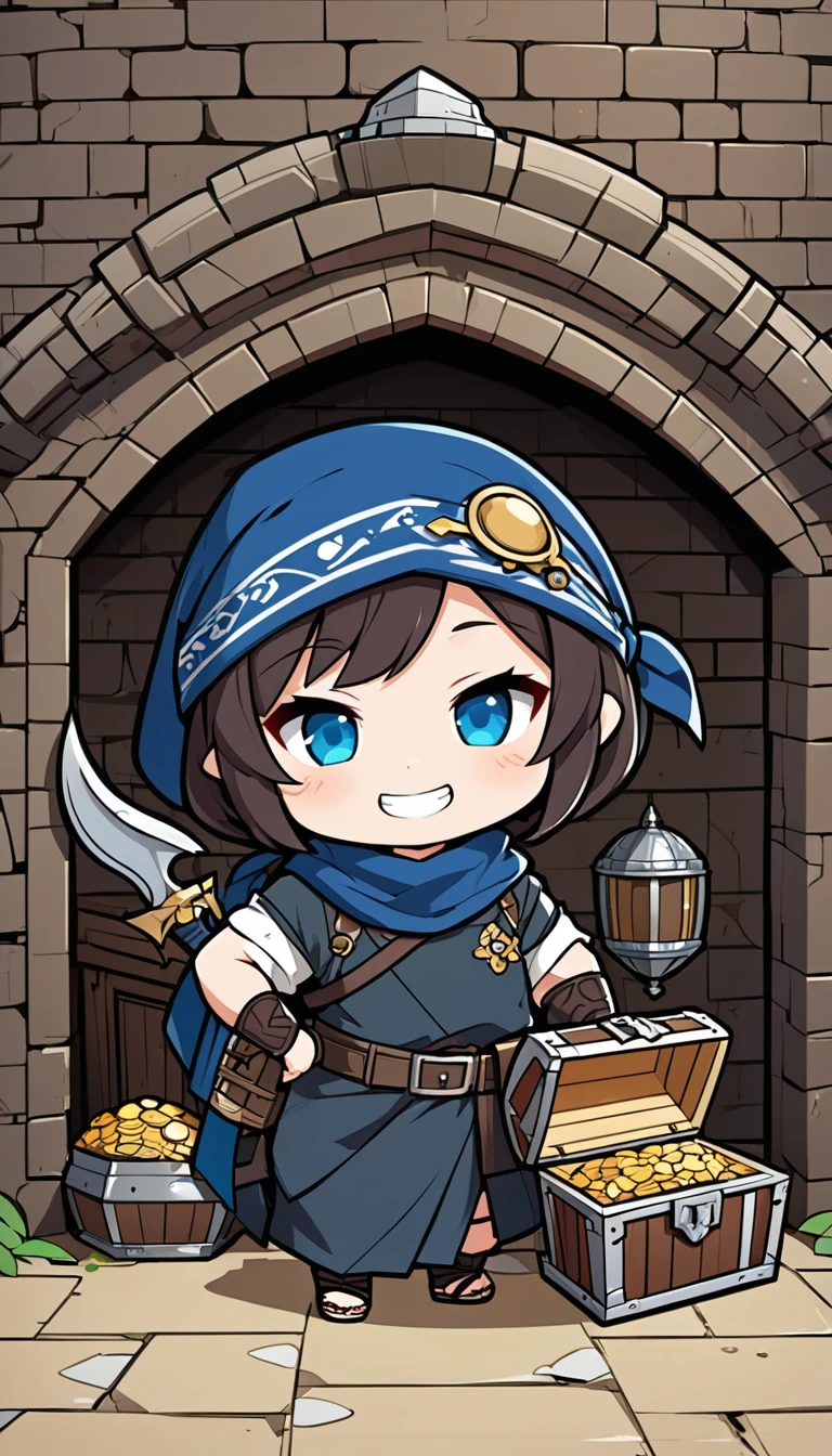 Deformed characters、Chibi style Japanese anime style、1 person、Thief、Wearing a bandana、The background is a dungeon、Searching for a treasure chest、Looking at me with a smile