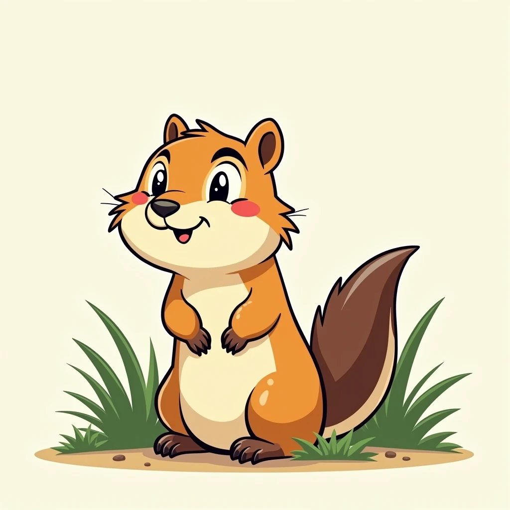 Chibi Style, 2-panel cartoon, dot halftone, Flat Color, an animal that is outside and looking out the way of some grass, superflat, gopher, adapted to a drier climate, 4 k high - resolution photograph, Richardson&#39;s Ground Squirrel, large horned tail