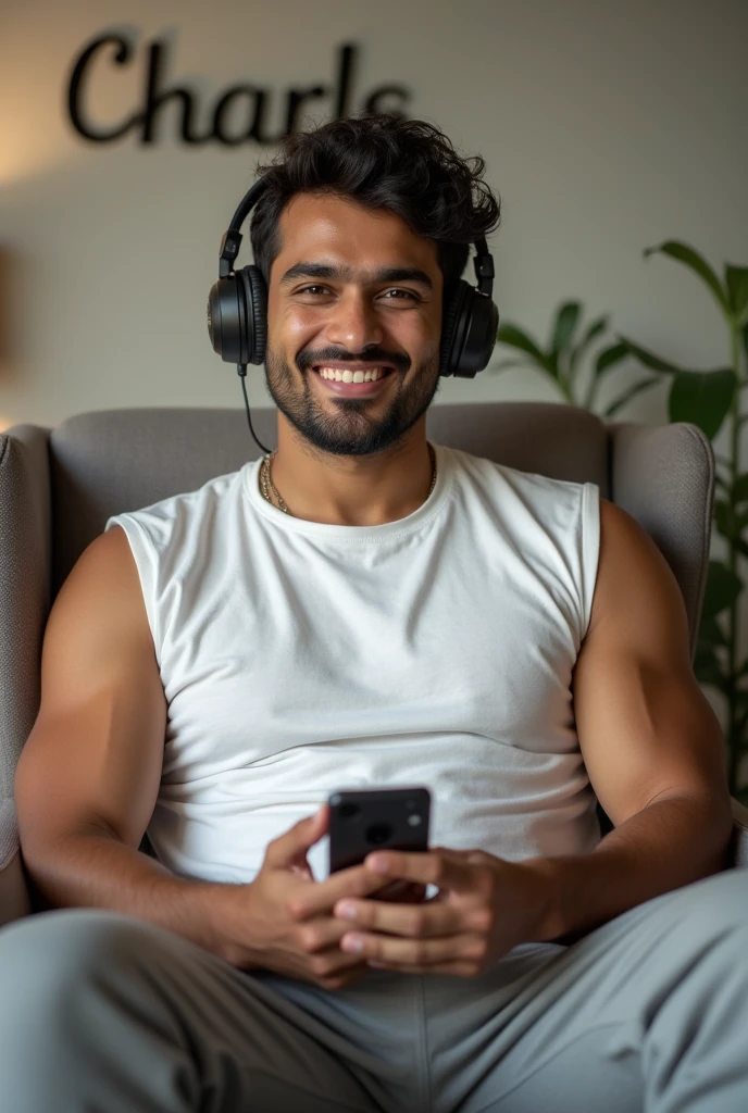 Create a picture of an Indian man who is 2 and physically good and wear a halt tshirt and joggers and wear a headphone and have a mobile phone in his hand he is casually sitting on a chair and there is writing charls on the background