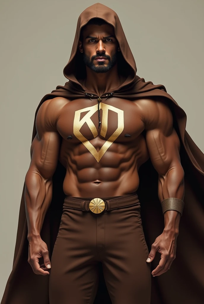 Handsome Brazilian man. Hero outfit. Brown Color outfit. Logo in outfit: souls .with hood and cape. No top. Lean bulk. He has self trust issues