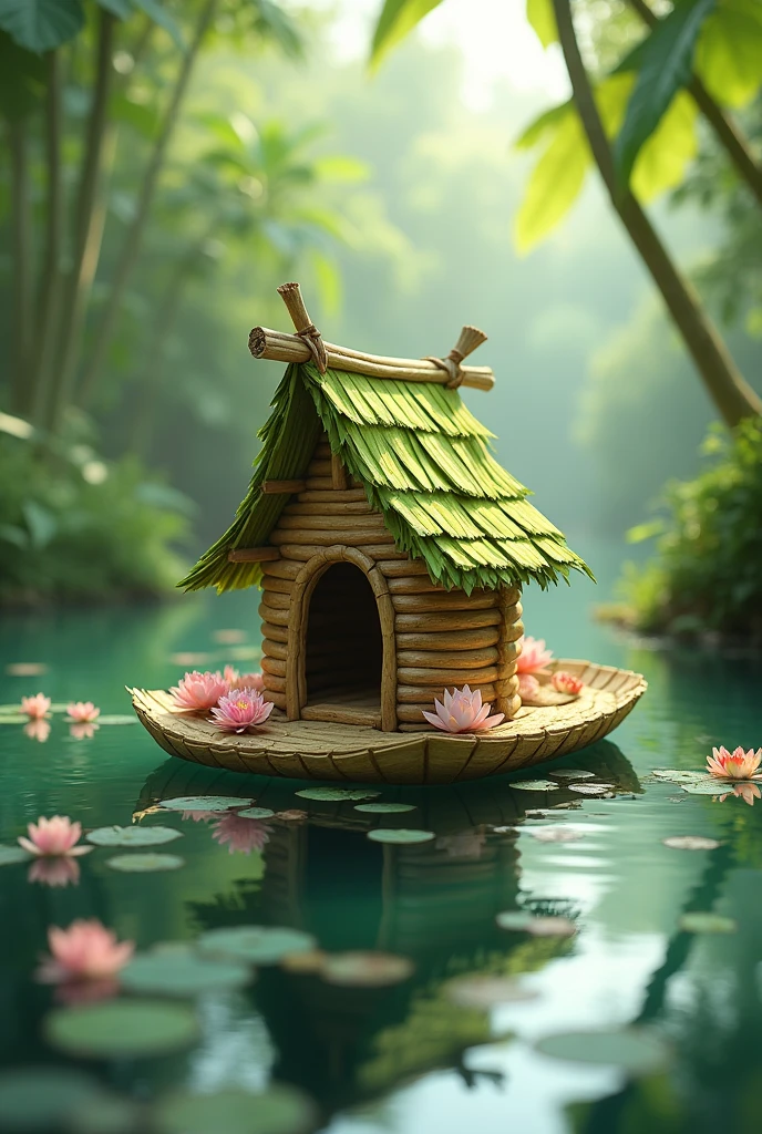Bird House made in banana leaf and flow on the river 2d image