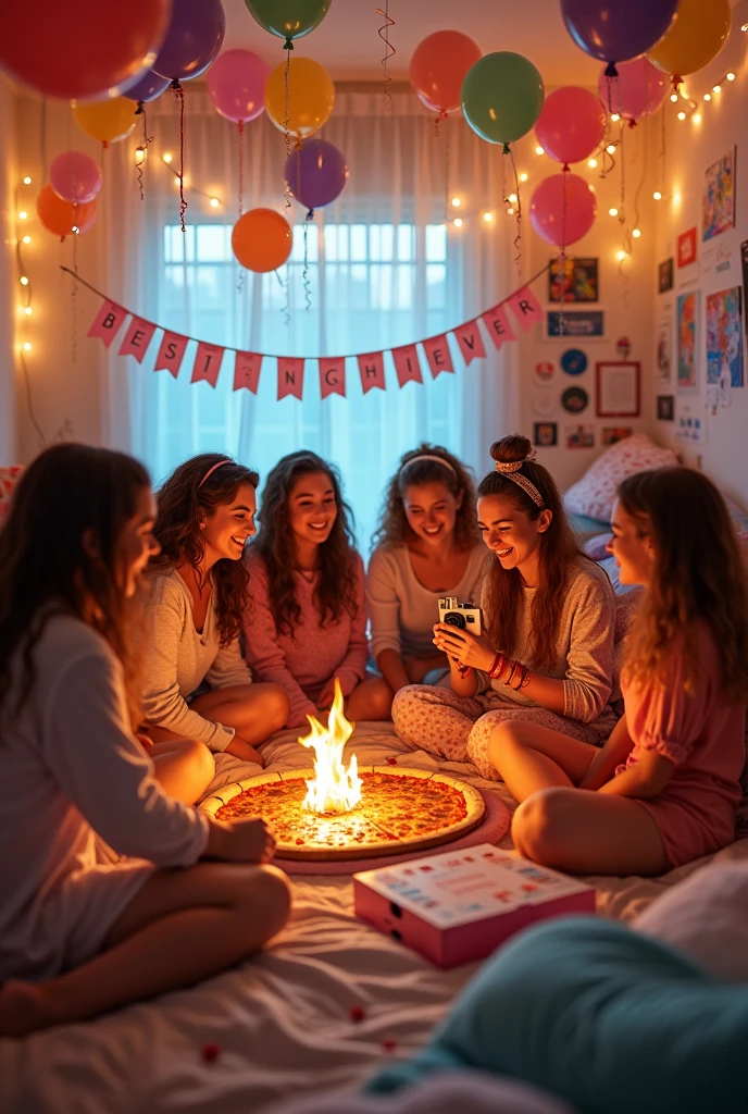 A vibrant and cozy high school slumber party scene, where a group of diverse and energetic teenage girls are huddled together in a brightly lit, cluttered bedroom adorned with pastel-colored decorations. The room is a playful mix of sleeping bags, colorful pillows, and twinkling fairy lights that cast a warm glow over the scene. In the center, a makeshift campfire made of cardboard and LED lights adds to the festive ambiance. The girls are engaged in various activities, with some giggling over a board game sprawled across the floor, while others take turns sharing secrets in a circle of whispered excitement. A couple of friends are busy capturing the memories with a polaroid camera, the flash illuminating their smiles. Above them, a banner reading "Best Night Ever" is strung across the ceiling, surrounded by a multitude of balloons in various shapes and sizes, some bobbing slightly from the laughter below. A large pizza box is open on the bed, surrounded by a smorgasbord of snacks and drinks. Each girl is dressed in comfortable pajamas that reflect their unique personalities, with some wearing matching friendship bracelets and headbands. The walls are adorned with posters of their favorite bands and movies, adding a personal touch to the space. The scene is filled with the joy and camaraderie that comes from a night of shared experiences and bonding, a snapshot of teenage friendship at its most authentic and carefree.