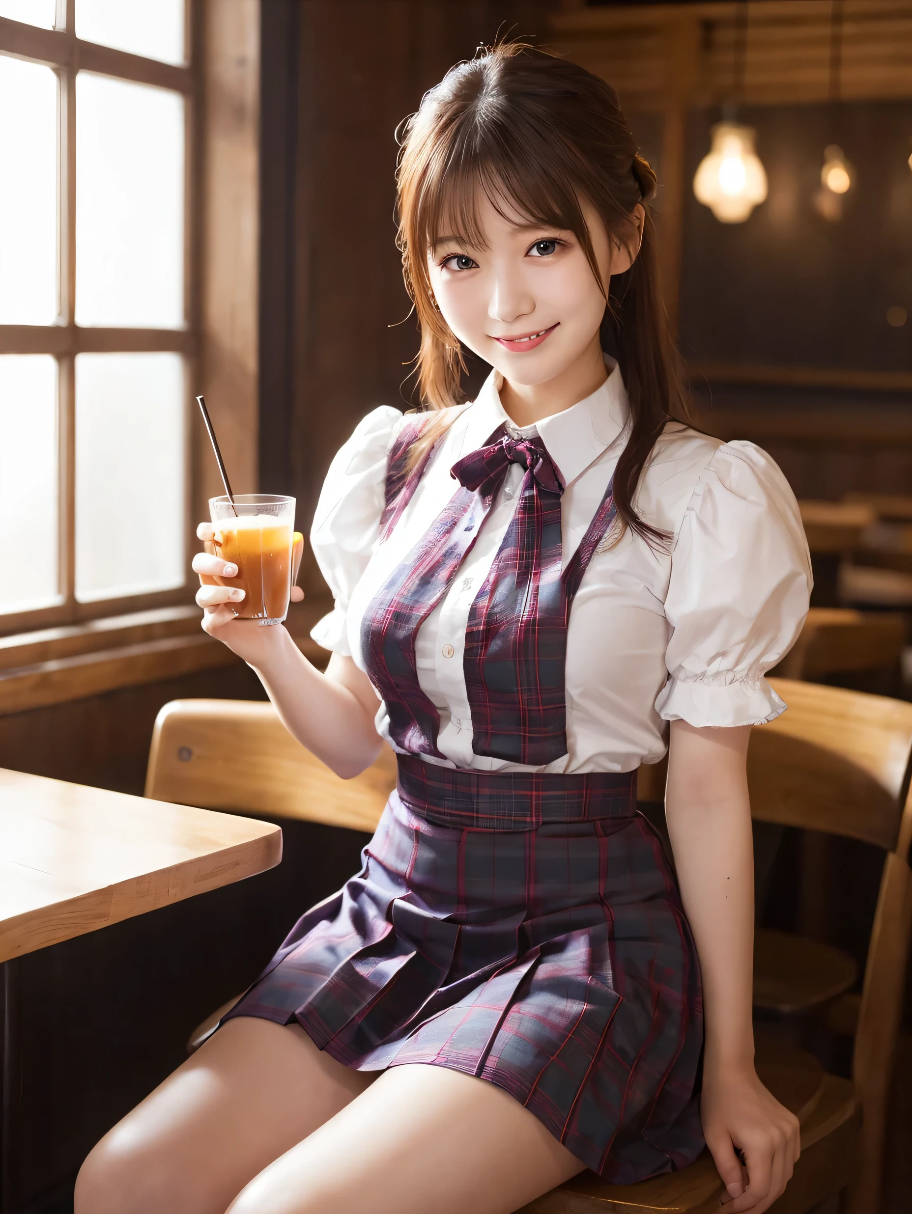 1 girl、(RAW Photos、Highest quality)、(Real、Photoreal:1.4)、Tabletop、Very delicate and beautiful、Very detailed、2k wallpaper、wonderful、Detailed、very detailedCG Unity 8K wallpaper、Super detailed、2、High resolution、(Purple tartan waitress outfit)、Pleated skirt、Elegant skirt、Big Breasts、Frills、ribbon、Soft Light、Beautiful detailed girl、Puff sleeves、Cafe waitress、smile、Happy Face、Cafe