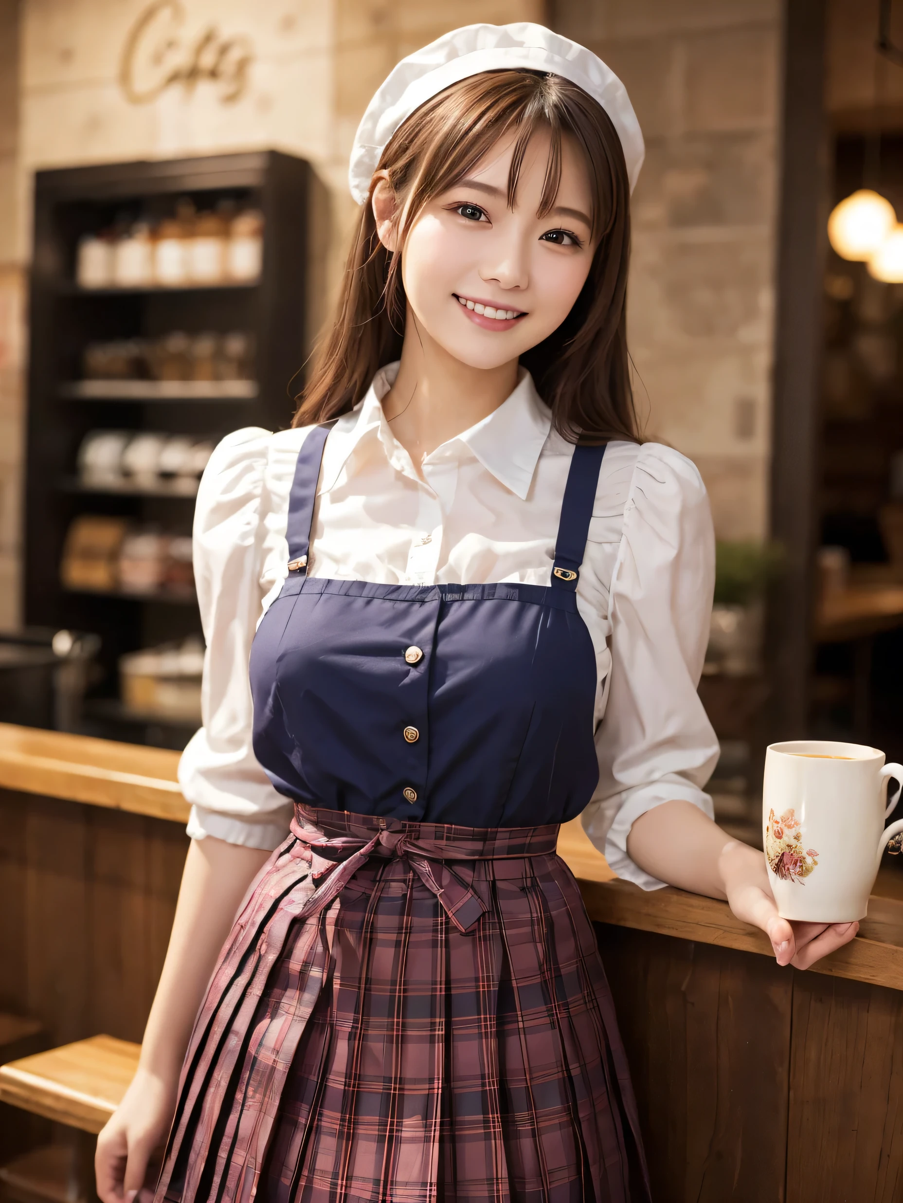 1 girl、(RAW Photos、Highest quality)、(Real、Photoreal:1.4)、Tabletop、Very delicate and beautiful、Very detailed、2k wallpaper、wonderful、Detailed、very detailedCG Unity 8K wallpaper、Super detailed、2、High resolution、(Purple tartan waitress outfit)、Pleated skirt、Elegant skirt、Big Breasts、Frills、ribbon、Soft Light、Beautiful detailed girl、Puff sleeves、Cafe waitress、smile、Happy Face、Cafe
