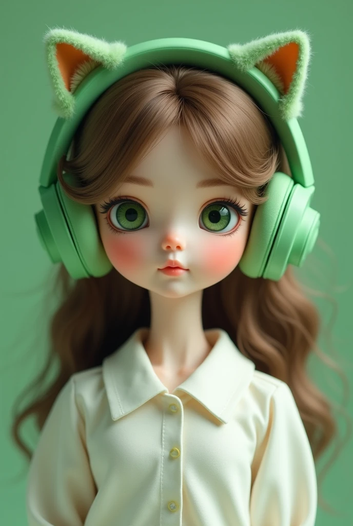  doll shape,Caucasian skin,greeneyes, chestnut hair,white blouse,green kitten headphones green background 