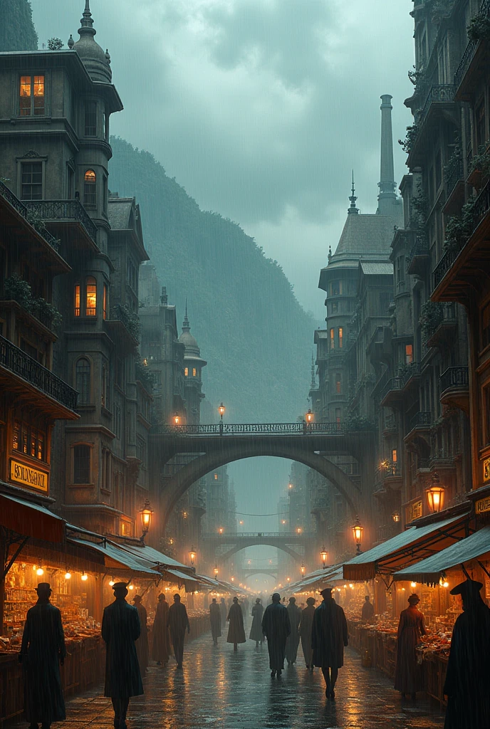 ((head of&#39;artwork)),((best quality)),((high level of detail)),((realistic,))
Industrial Age City, deep canyons in the middle, architectural streets, bazaars, des ponts, Rainy days, Steampunk, European Architecture