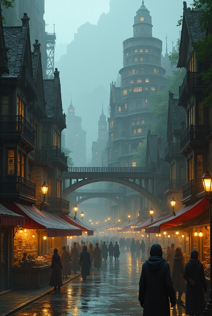 ((head of'artwork)),((best quality)),((high level of detail)),((realistic,))
Industrial Age City, deep canyons in the middle, architectural streets, bazaars, des ponts, Rainy days, Steampunk, European Architecture