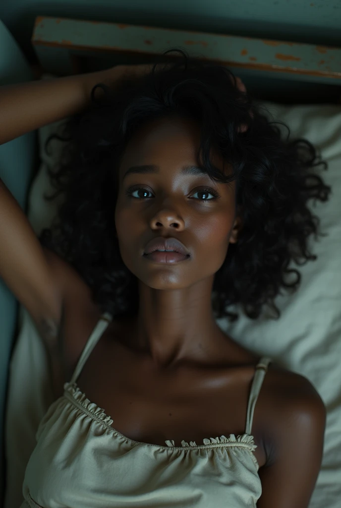 Beautiful girl slightly black child slave ((in bed)) ((Photorealistic))