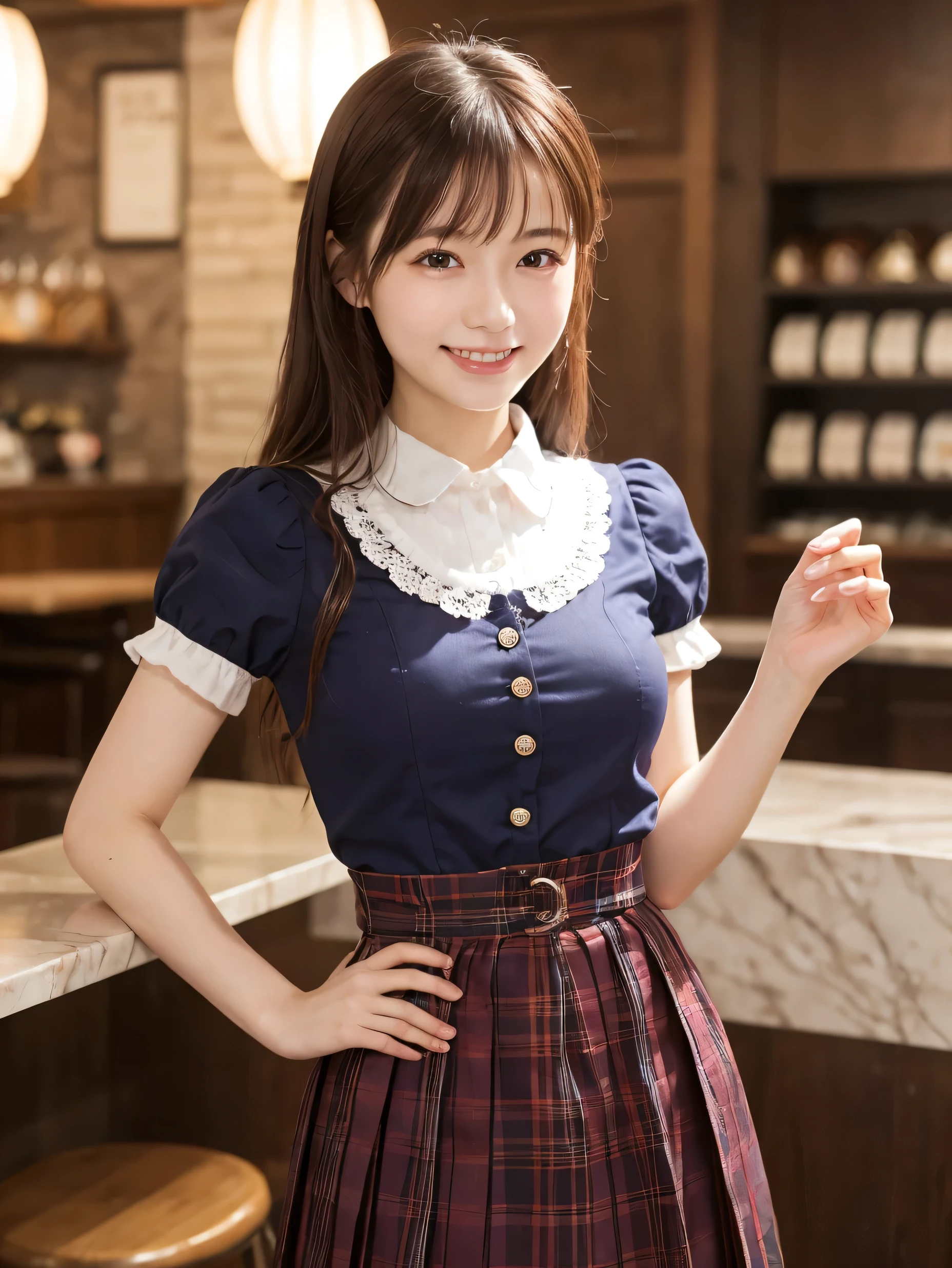 1 girl、(RAW Photos、Highest quality)、(Real、Photoreal:1.4)、Tabletop、Very delicate and beautiful、Very detailed、2k wallpaper、wonderful、Detailed、very detailedCG Unity 8K wallpaper、Super detailed、2、High resolution、(Purple tartan waitress outfit)、Pleated skirt、Elegant skirt、Big Breasts、Frills、ribbon、Soft Light、Beautiful detailed girl、Puff sleeves、Cafe waitress、smile、Happy Face、Cafe